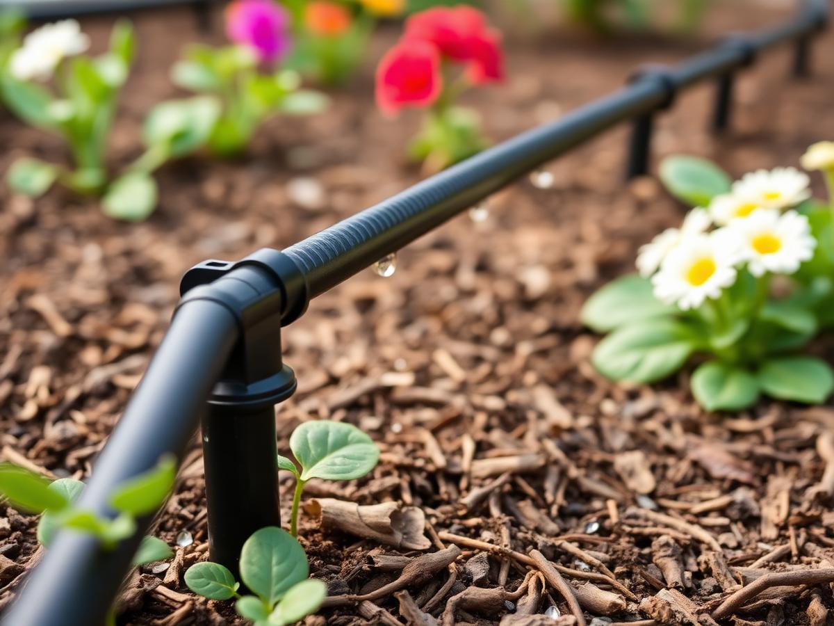 Moderne Tropfbewässerung entlang eines Blumenbeetes