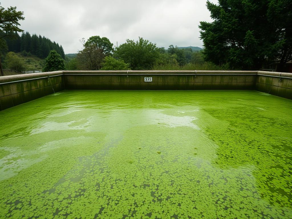 Verschmutzter Pool mit grünem Algenwasser