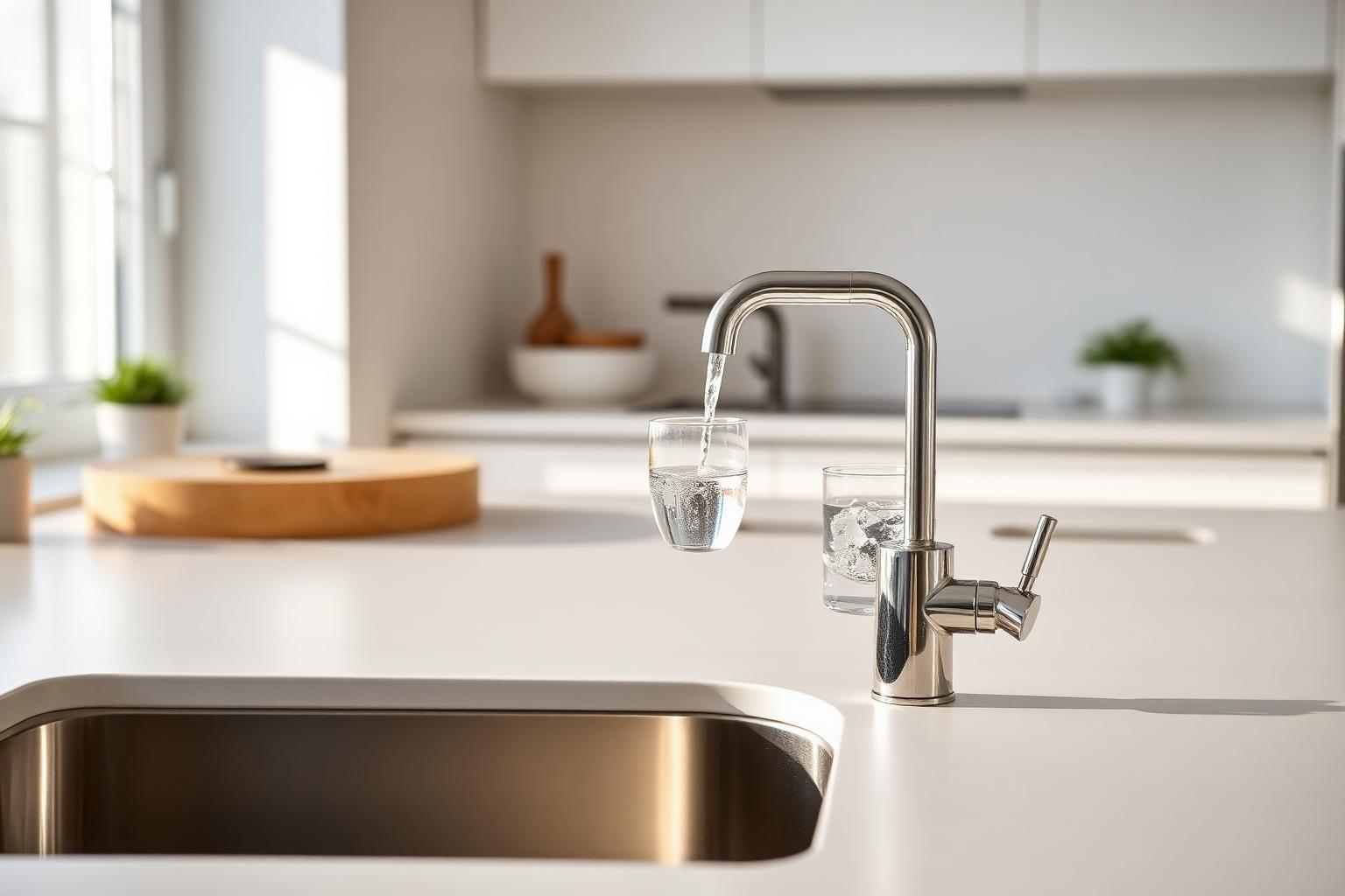 Moderne Küche mit installiertem Wasserfilter- und Umkehrosmose-System